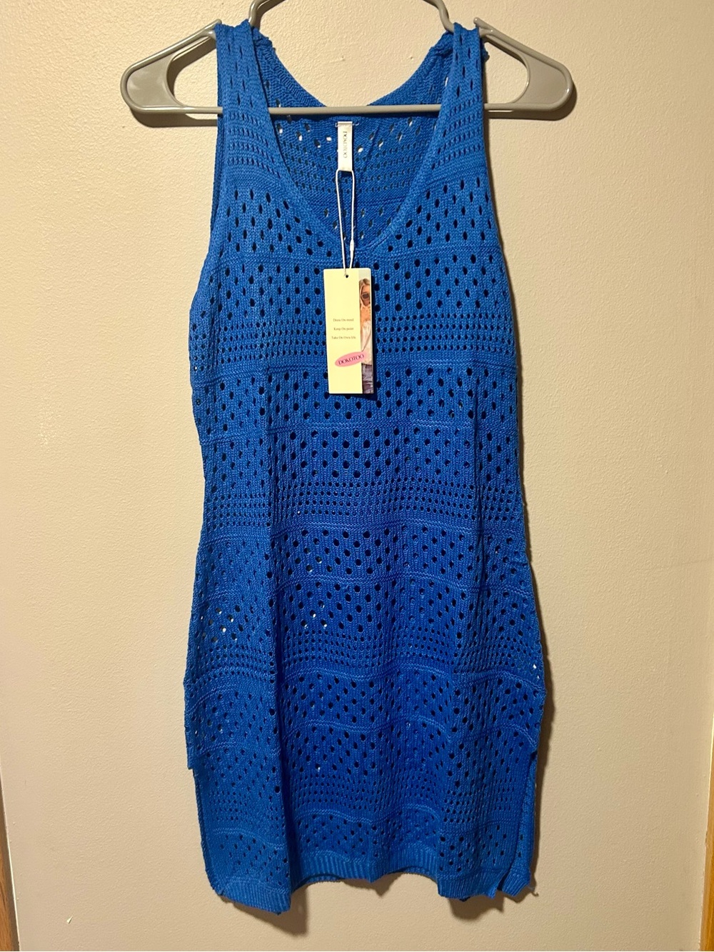 NWT Dokotoo Blue Crochet Knit Tank Dress Medium Sleeveless Boho